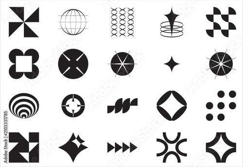 Collection of black abstract shapes and geometric icons with abstract, geometric