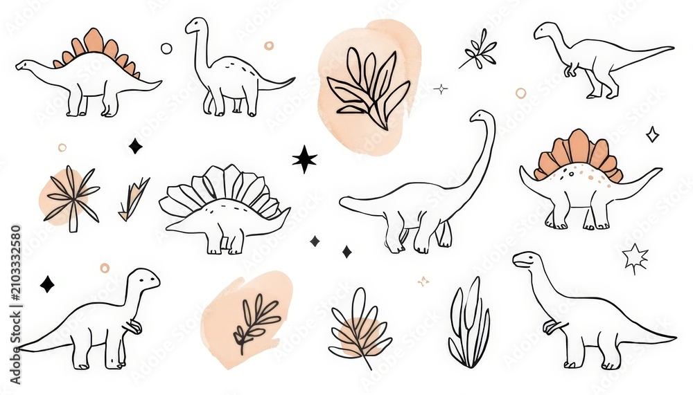 Fototapeta premium An image of a collection of dinosaurs and plants drawn by hand