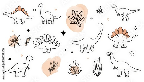 An image of a collection of dinosaurs and plants drawn by hand