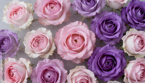 Extreme close-up of pastel roses in soft shades of lavender, purple, pink and cream with delicate mist, romantic floral background, full frame, elegant botanical photography.