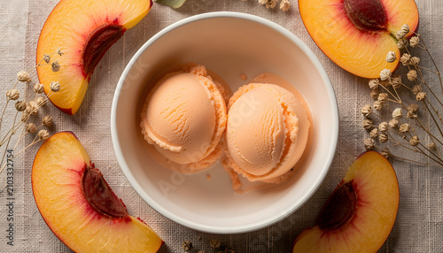 Overhead flat lay of two scoops of creamy peach ice cream served in a white bowl with fresh peach slices, whole ripe peaches and dried flowers on a light linen background, refreshing summer dessert, 