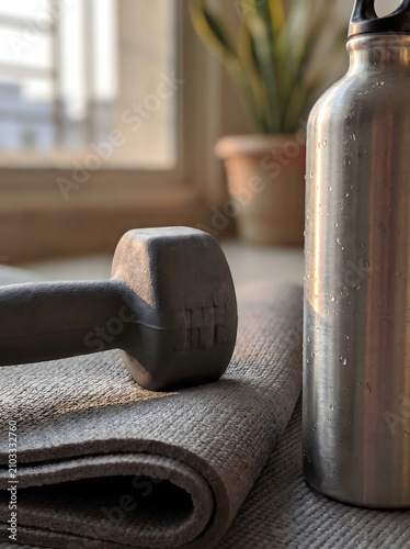 Rubber dumbbell on gray exercise mat with water bottle in morning light