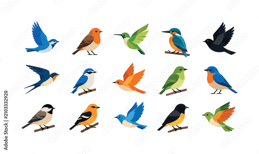 Fototapeta premium Small bird icon variations in colorful flat style on white background, birds, icons, feathers, flying, animal, wildlife, colorful,