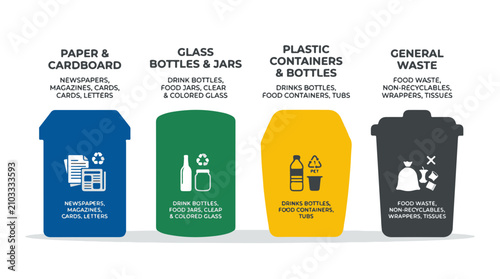 Cuadro en lienzo Waste Sorting Bins for Paper Glass Plastic and General Garbage Collection Illust