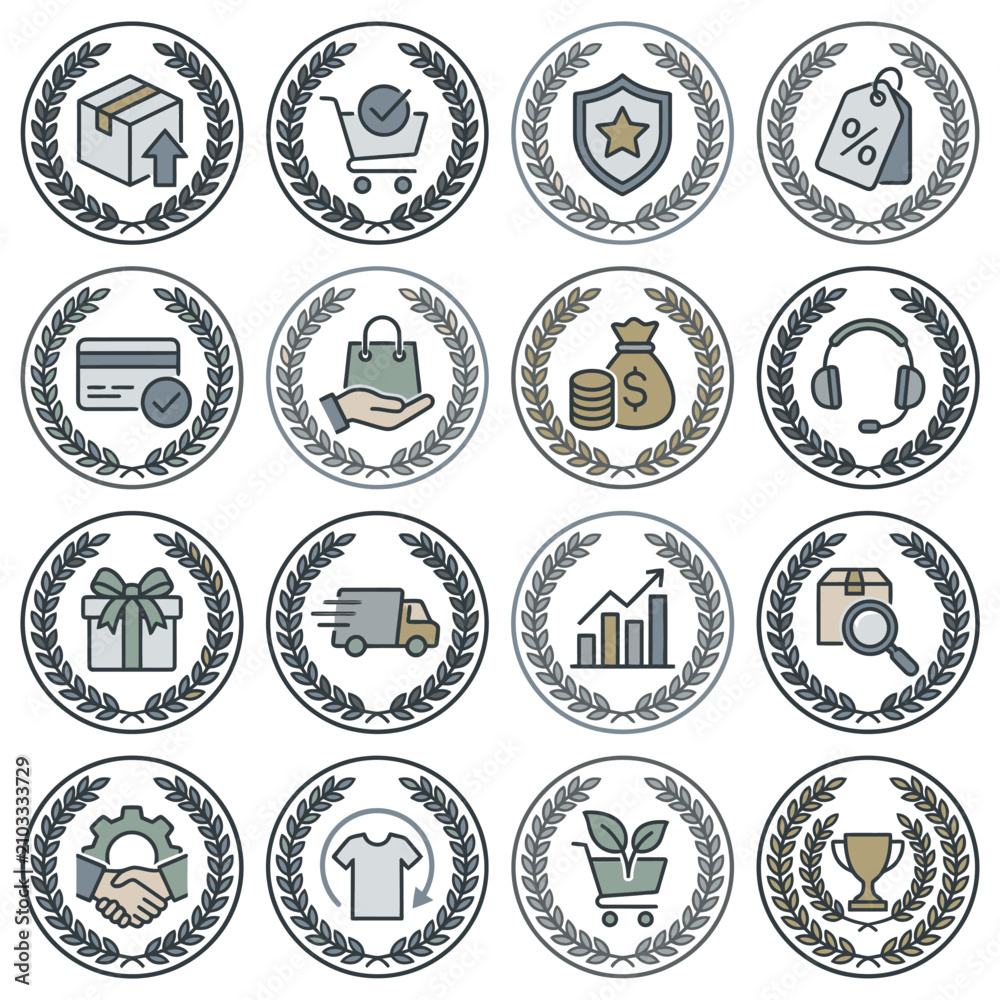 Fototapeta premium E-commerce badge icons framed by laurel wreath borders.