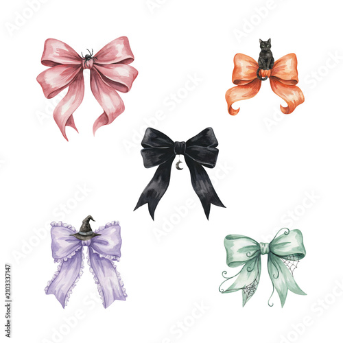Cute Halloween Coquette Ribbon Bow Watercolor Clipart Set Isolated on Transparent Background