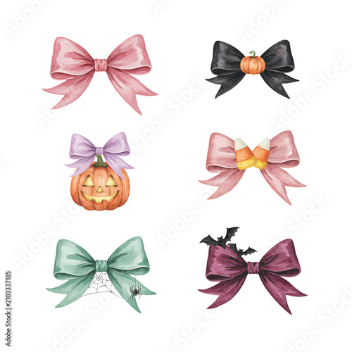Watercolor Halloween Coquette Bow Set Isolated on Transparent Background
