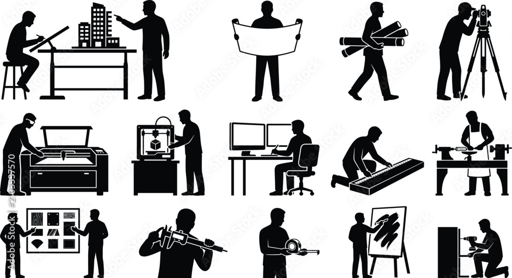 Obraz premium Architecture and Engineering Profession Silhouette Set with Designers Surveyors Craftsmen and Technical Specialists