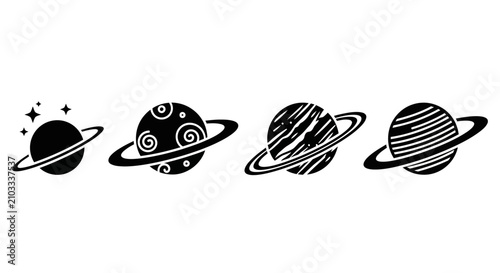 Tableau sur toile Set of Four Stylized Planet Icons with Rings for Space and Astronomy Concepts