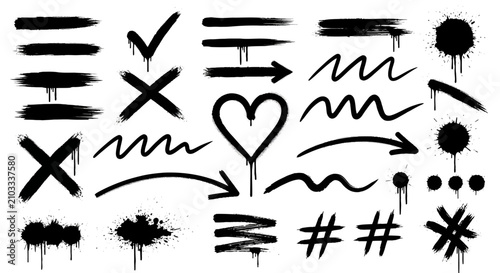 Collection of black spray paint graffiti design elements featuring ink drips splatter marks strokes arrows and abstract hand drawn symbols