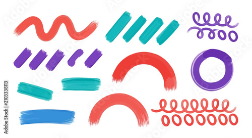 Set of Colorful Hand Drawn Brush Strokes and Abstract Scribble Elements for Creative Graphic Design Projects