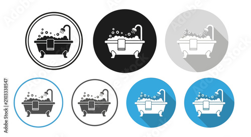 Foto Collection of modern flat design bathtub icons with bubbles and shower, presente