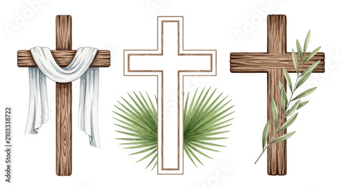 Φωτογραφία Watercolor set of three unique wooden crosses, adorned with white fabric and gre