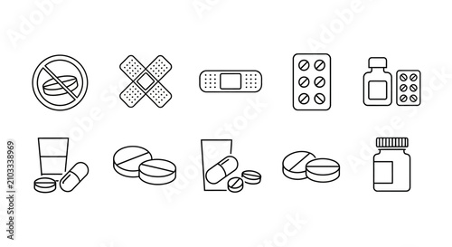Foto Collection of linear medical icons featuring pills tablets medication bottles an