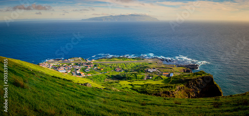 High angle and aerial view on Vila do Corvo on Corvo Island, Azores