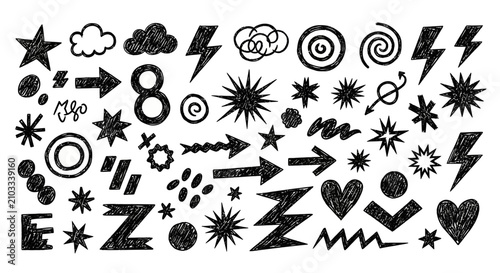 Hand drawn black scribble doodles and abstract comic symbols set