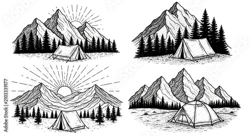 Foto Set of four illustrations depicting mountain camping scenes with tents and pine