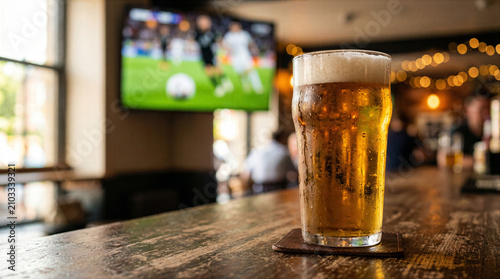 Cold condensation covered pint glass of beer on wooden coaster at pub with television showing soccer match in background