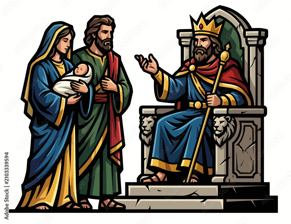 Obraz premium King Solomon on royal throne judging dispute over baby. Old Testament theme. Flat vector illustration isolated on white background
