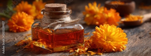 Celandine dandelion extract in a little bottle, treatment, medicine, tincture. selective focus, Generative AI,