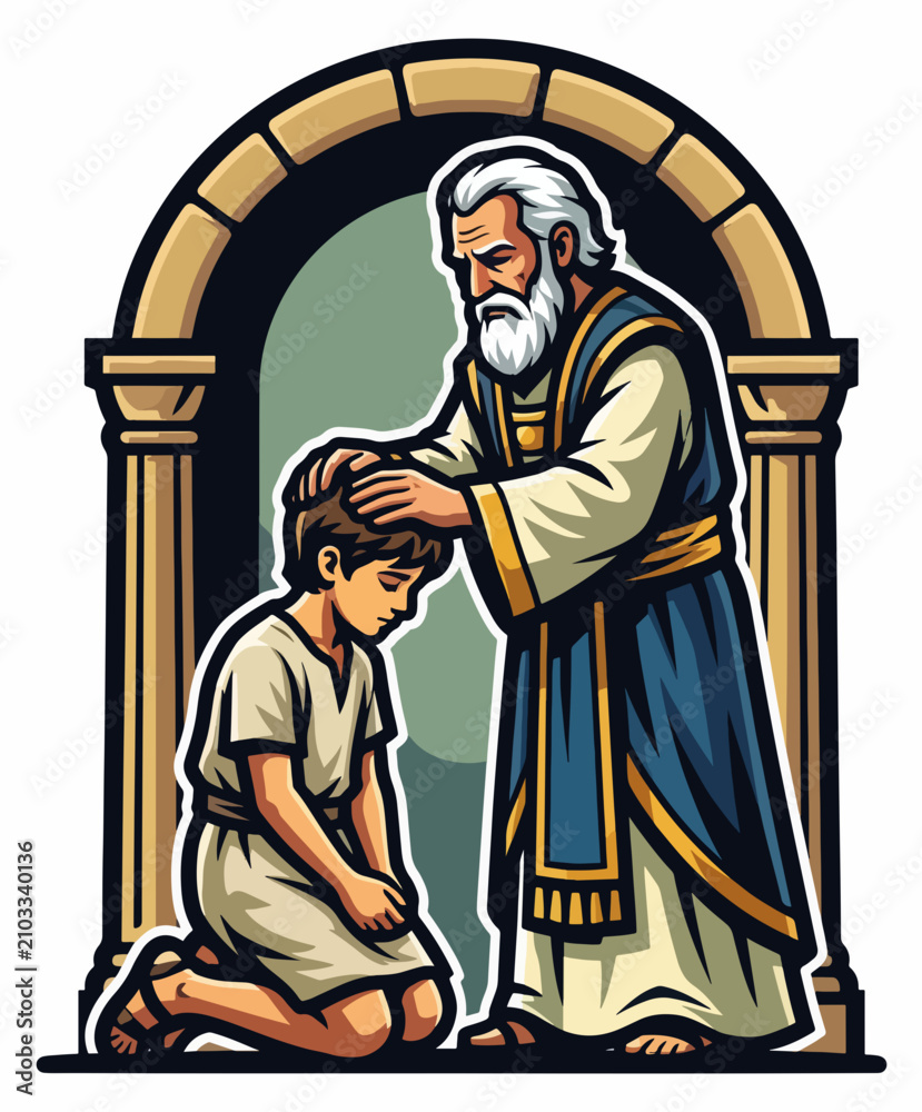 Fototapeta premium Old priest Eli blessing young boy Samuel in temple. Old Testament biblical vector illustration. Flat design isolated on white
