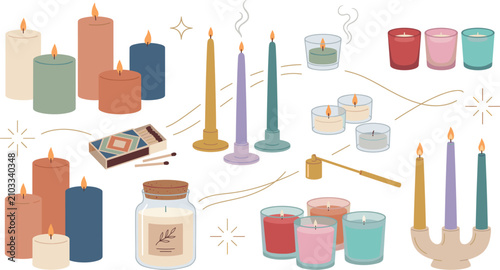 Billede på lærred Aromatherapy and home decor sticker pack with taper candles, candelabra, and tea