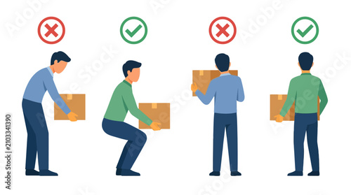 Obraz na płótnie Proper and improper manual handling techniques for lifting boxes