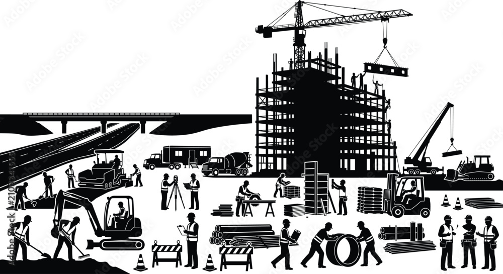 Obraz premium Construction Site Silhouette with Roadwork Cranes Heavy Equipment and Infrastructure Development Workers