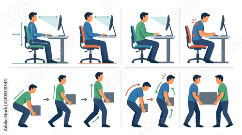 Foto Visual Guide to Correct and Incorrect Posture for Sitting and Lifting