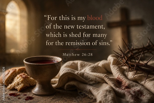 Jesus institutes the Eucharist at the Last Supper, offering his blood for the remission of sins, a sacred New Covenant event from Matthew 26:28.