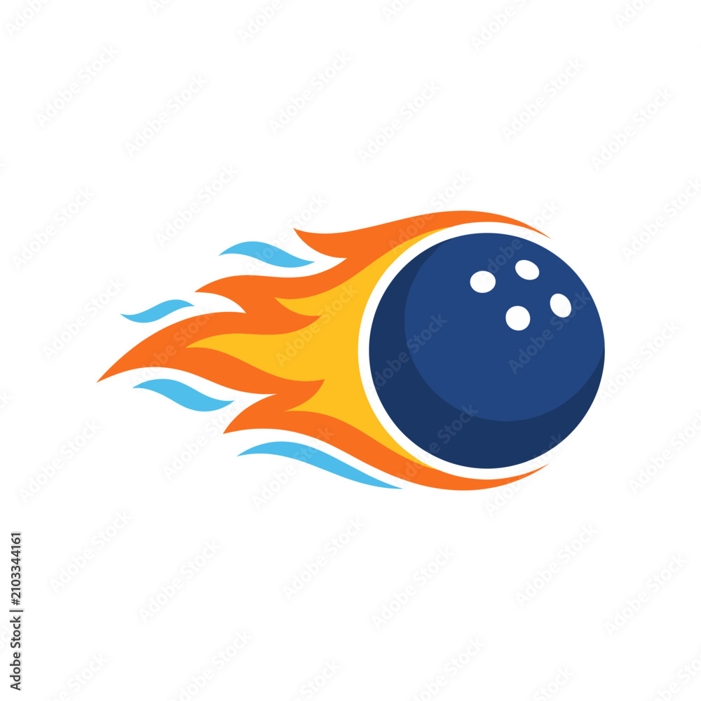 Naklejka premium This energetic logo features a bowling ball with vibrant flames and motion lines, representing speed, excitement, and the thrill of bowling in a creative and modern design.
