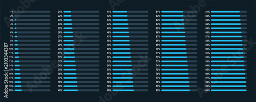 Blue horizontal progress bar chart with percentage icons 1% to 100% set. Flat design loading data infographic illustration interface element for app ui web vector isolated on white background