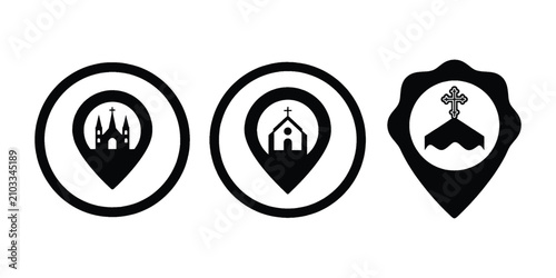 Foto Black and white set of map pin icons with church and chapel building symbols for