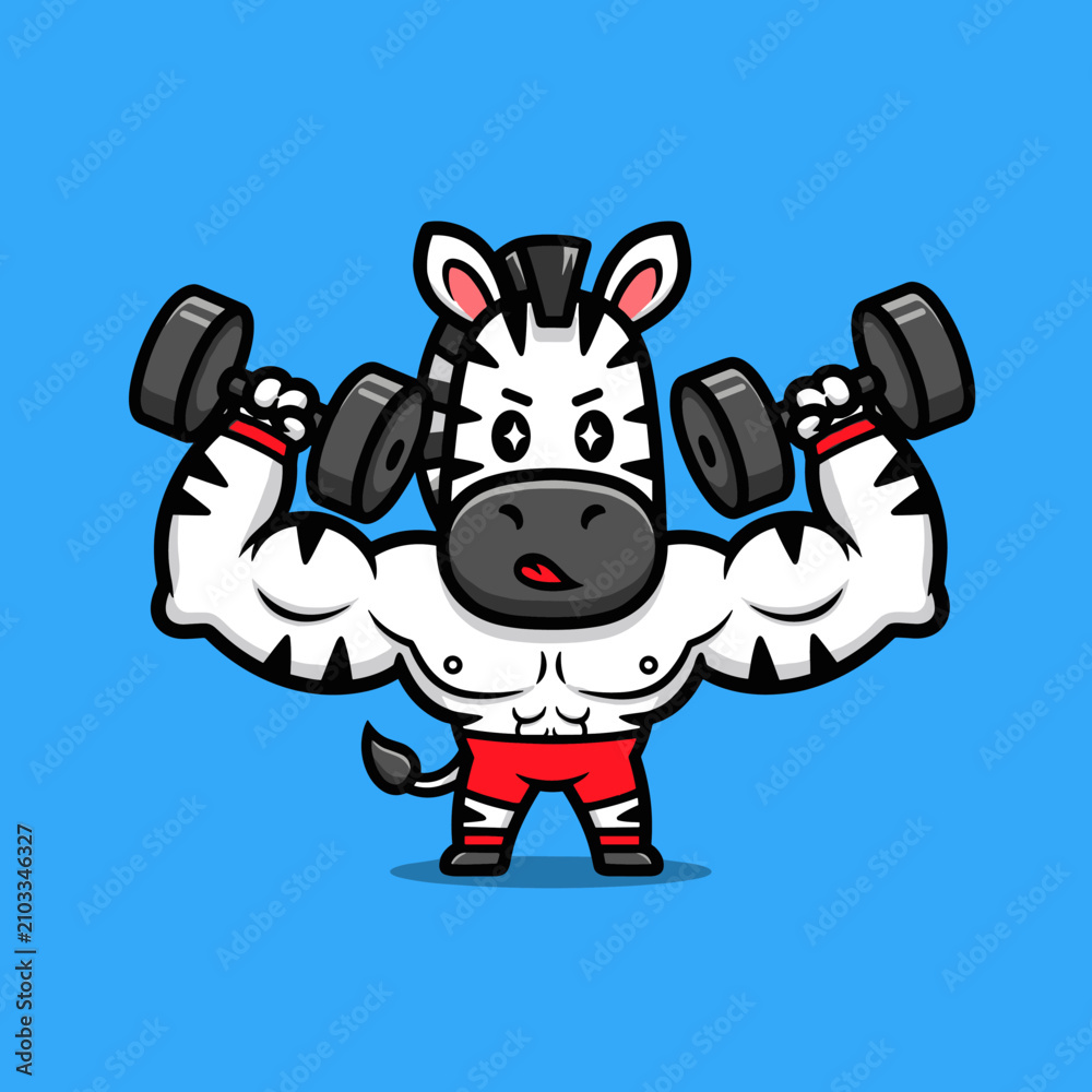 Obraz premium Strong Zebra Bodybuilder Lifting Dumbbells Cartoon Character