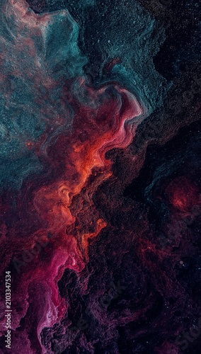 Abstract fluid art background with vibrant red and teal smoke swirls.