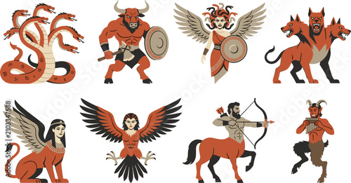 Konstfotografi Greek Mythology Monsters and Mythical Creatures Vector Icon Set Including Hydra