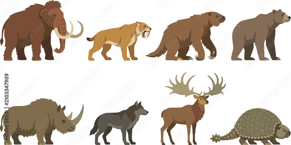 Obraz premium Prehistoric Ice Age Megafauna Animals Vector Illustration Set Featuring Mammoth Smilodon Sloth Bear Rhinoceros Wolf Irish Elk Glyptodon