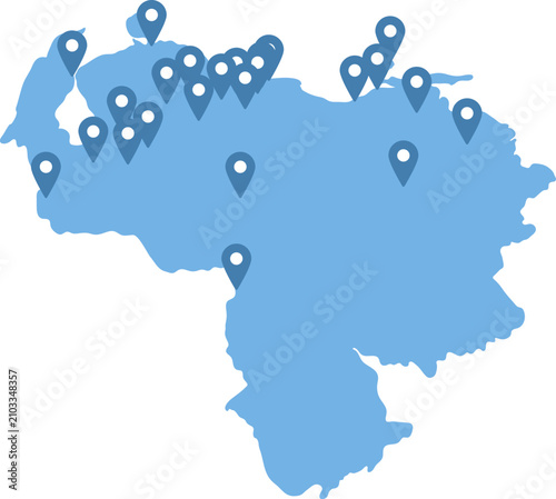 Venezuela map with location pins on state capitals, simplified infographic vector