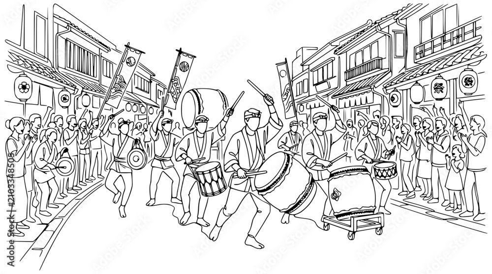 Obraz premium Japanese Festival Parade: Drummers and Crowd in Traditional Street