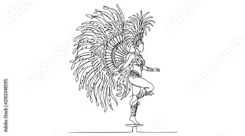 Photos Carnival Dancer Silhouette, Elaborate Feather Headdress, One Line Art, Festive C