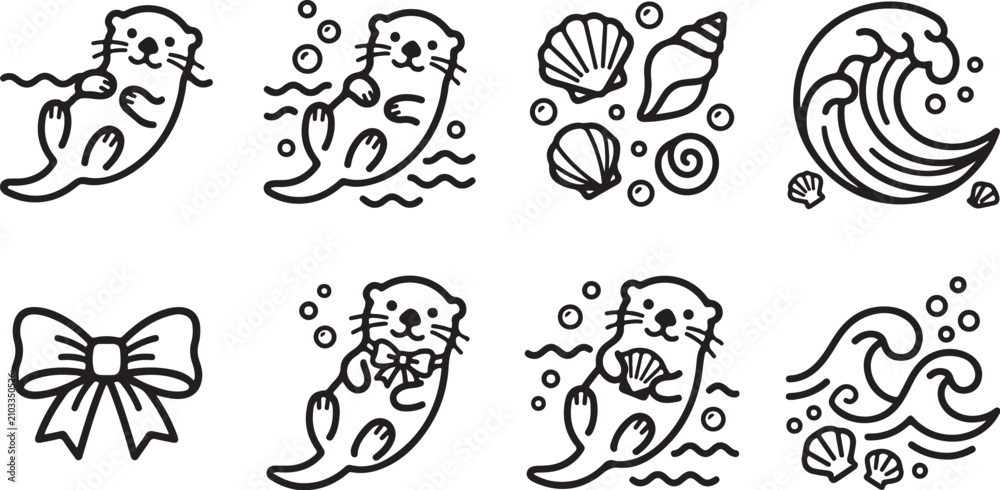 Fototapeta premium Cute otter icons with ocean elements set