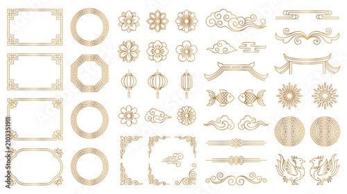 Asian traditional golden decorative design elements and frames.