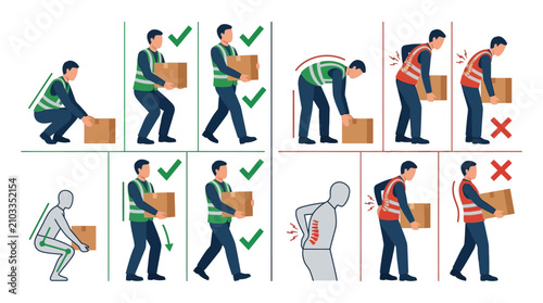 Manual handling safety poster with correct and incorrect lifting techniques