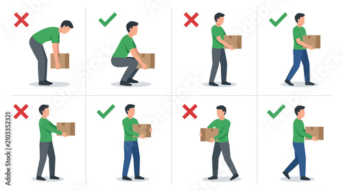 Fotografie Proper and improper techniques for lifting and carrying boxes
