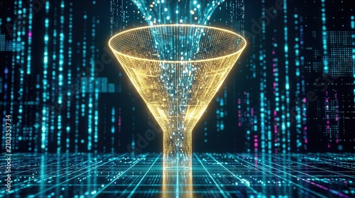 Digital information funnel representing the process of transforming data into useful insights.