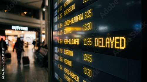 Digital flight information display screen with delayed status indicating travel problems.