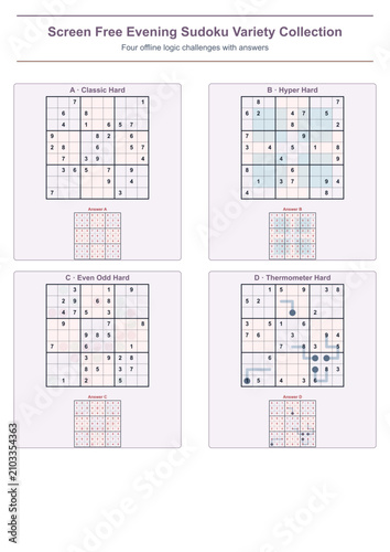 Screen-free evening Sudoku puzzles in various difficulty levels  