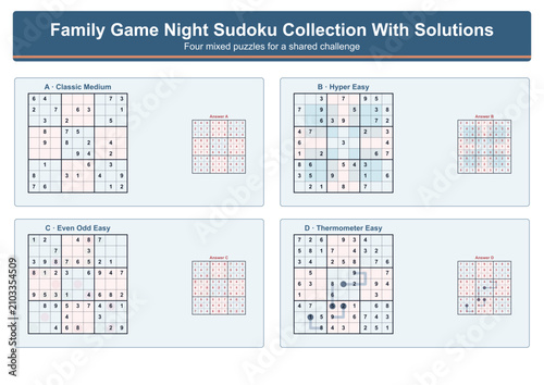 Family game night Sudoku puzzles collection with solutions displayed