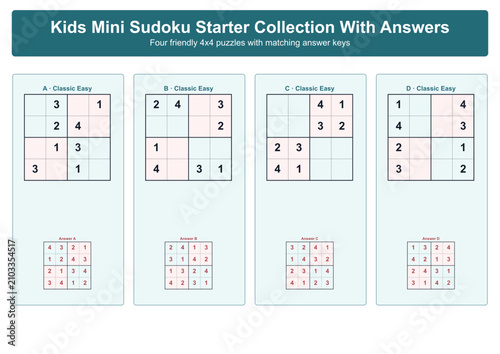 Kids mini Sudoku starter collection with answer keys for children  