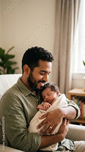 Hispanic father lovingly cradles his newborn baby wrapped in a blanket celebrating National Hispanic Heritage Month